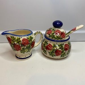 Polish Pottery Sugar bowl and creamer From Zaklady Ceramiczne Boleslawiec Unikat